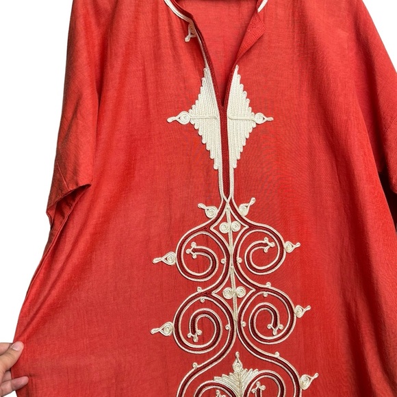 El Abadi Size XL Caftan Brick Red Ornate Embroidered Cotton Tunic Desert Prayer - Picture 3 of 14
